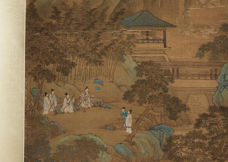 A hanging scroll of figures in a landscape, presumably by a female artist (Yinhu from Tongjin), Qing dynasty(1644-1912).