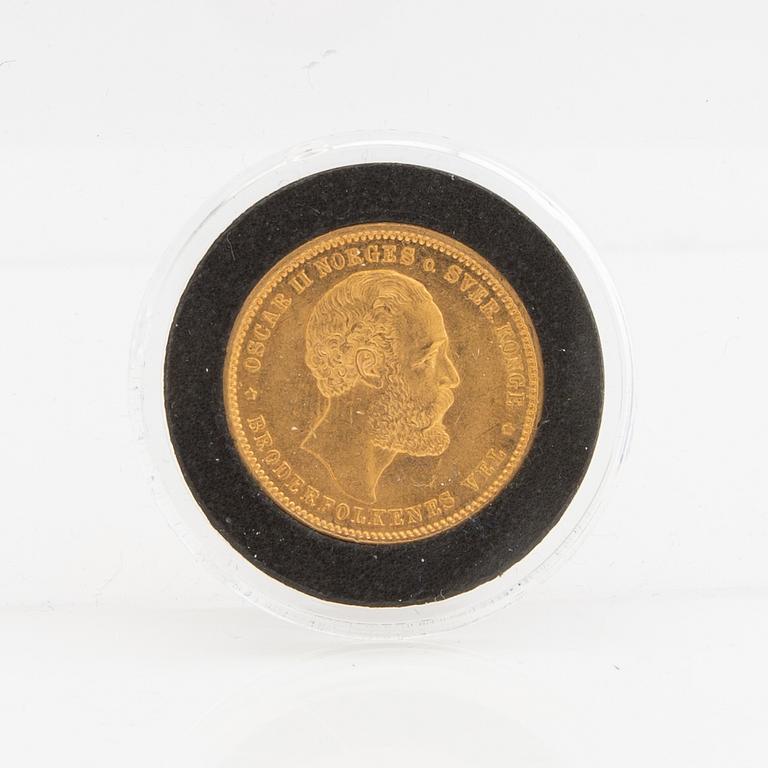 Guldmynt Norge, Oscar II 20 kr 5 Speciedaler, 1875.