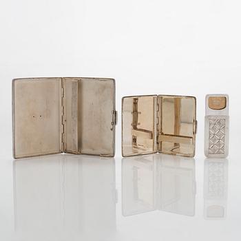 Two silver cigarette cases and a box, Belgium and Finland.