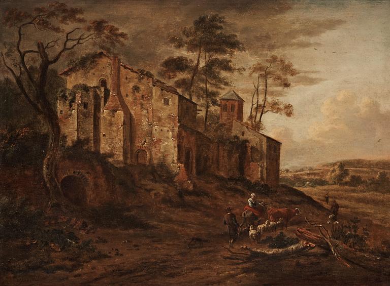 Jan Wynants (Wijnants) Attributed to, Figures and buildings in a landscape.