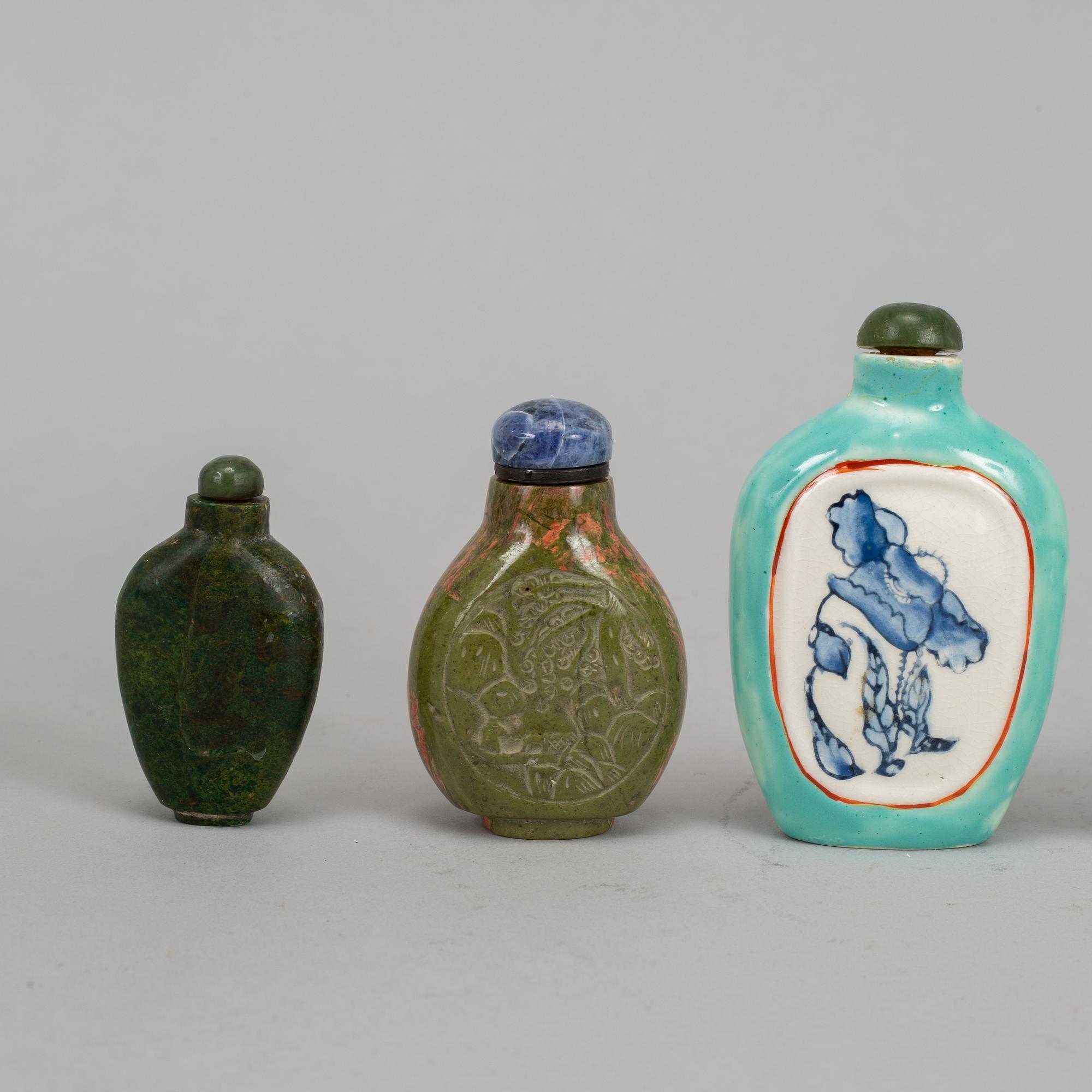 A group of seven stone, ceramic and porcelain snuff bottles, Qing dynasty and China, 19th-20th century.