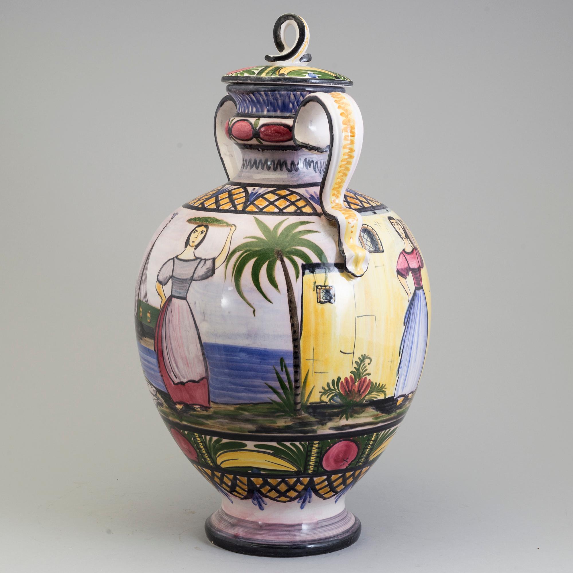An earhenwear lidded vase from Jasba, Germany, mid 20th century.