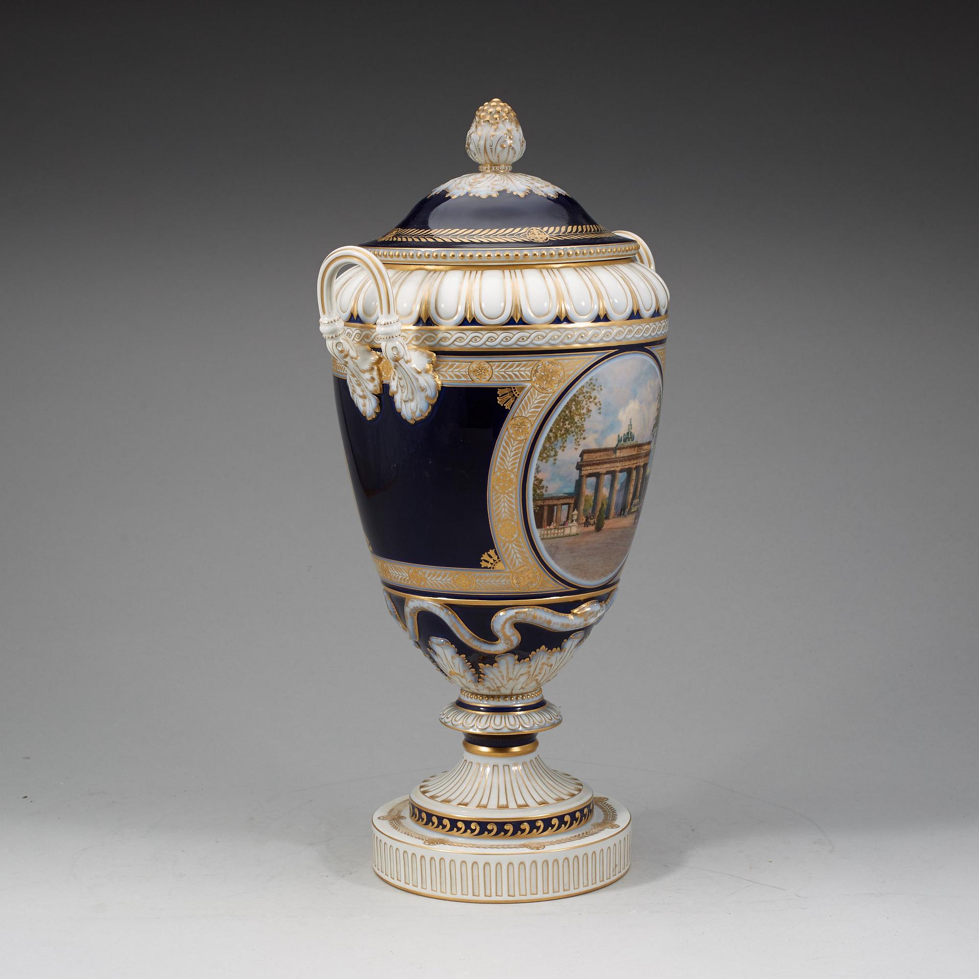 A large Berlin vase with cover, 19th Century.