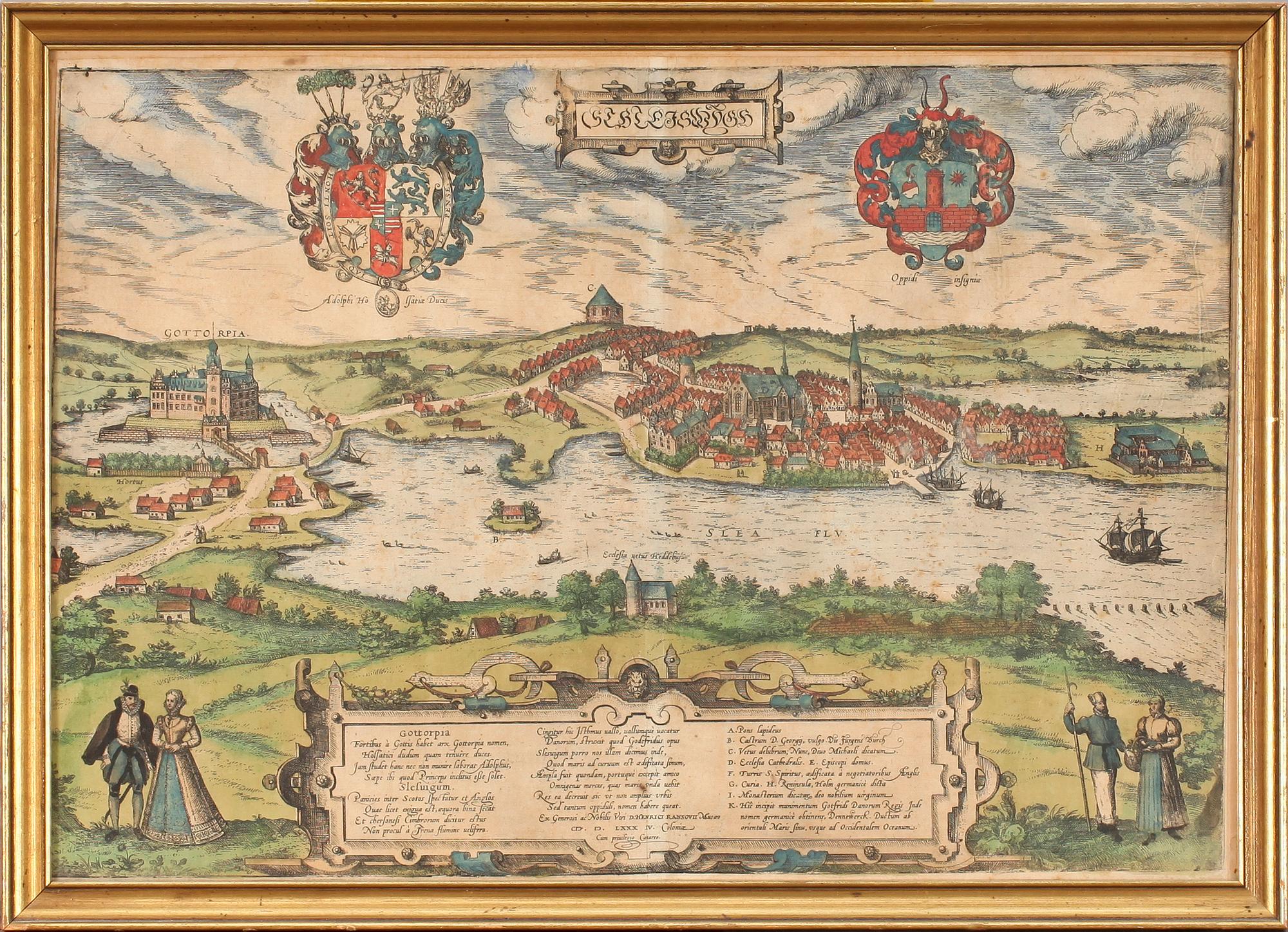 KARTA, Gottorp slott och staden Slesvig, efter Braun & Hogenberg 1590.