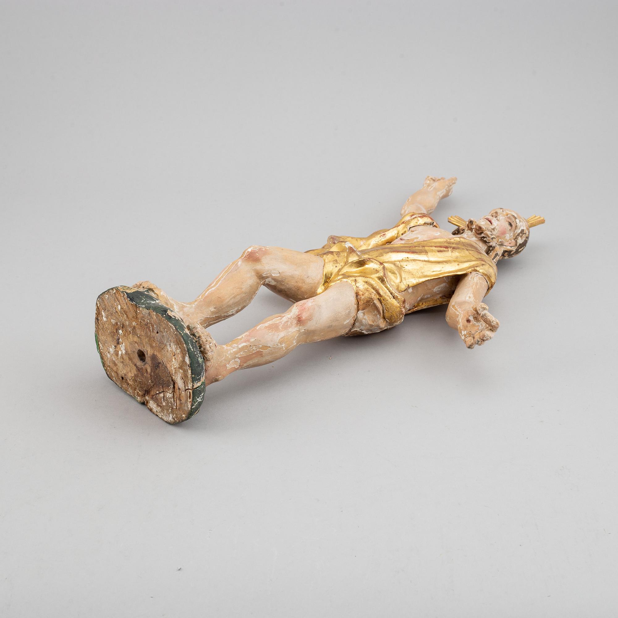 TRÄFIGUR, snidat och bemålat/förgyllt trä, 1700-tal.