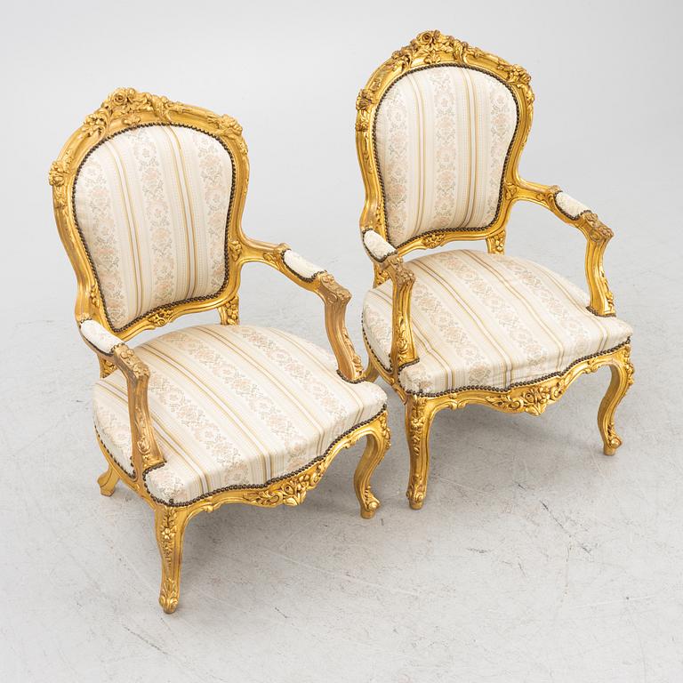 Sofa and a pair of armchairs, Rococo style, second half of the 20th century.