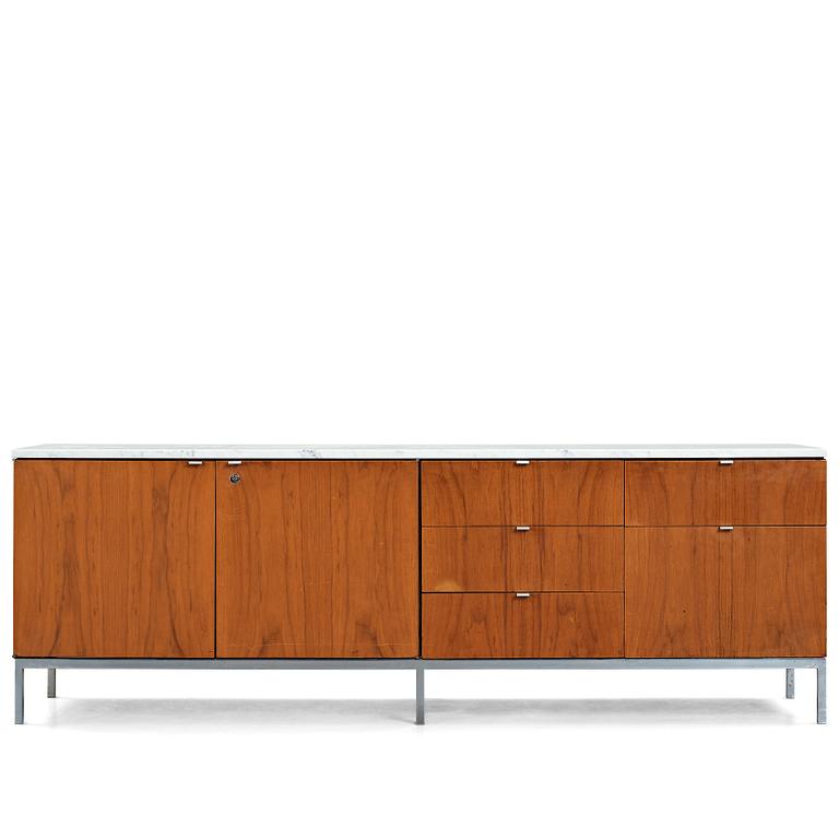 Florence Knoll, a walnut and white marble top sideboard, probably produced on license by Nordiska Kompaniet, Sweden 1960's.