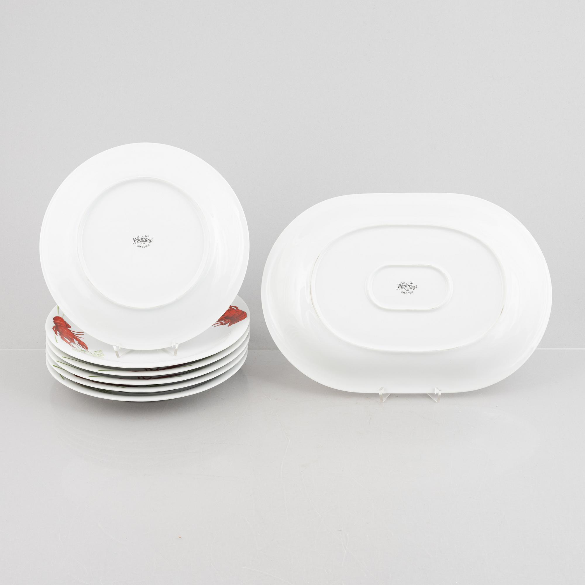 Six porcelain crayfish plates and a serving platter, Rörstrand, Sweden, late 20th century.
