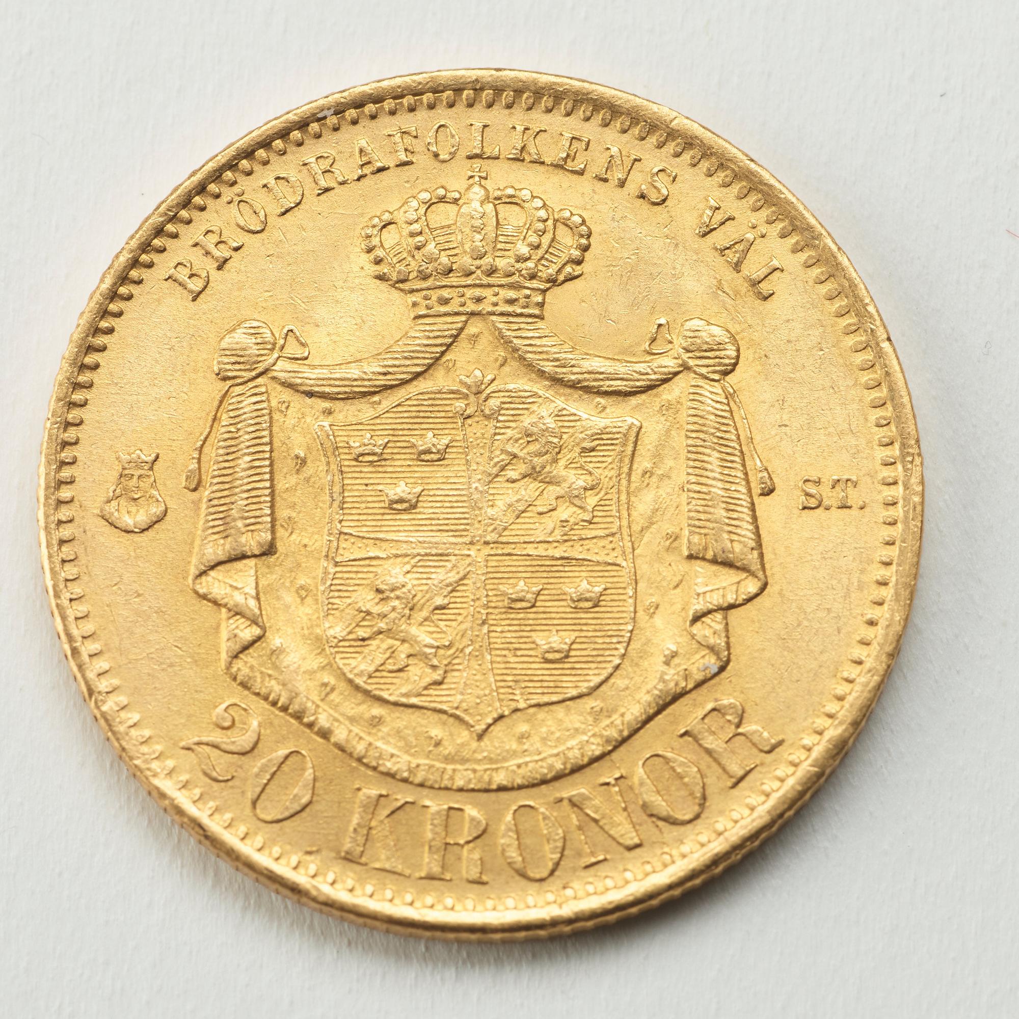 A gold coin, 20 swedish kronor, 1875, weight c 9 g.
