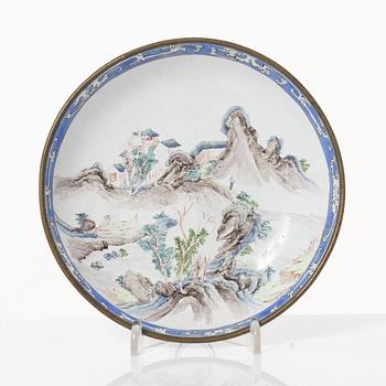 A fine Canton enamel 'landscape' dish, Qing dynasty, 18th Century.