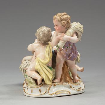 A set of four Meissen allegorical figure groups, 18th Century, three of them with the Marcolini mark (1774-1814).