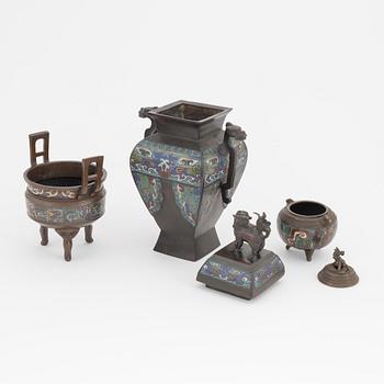 Two Japanese cloisonné censer and a large vase with cover, Meiji period (1868-1912).