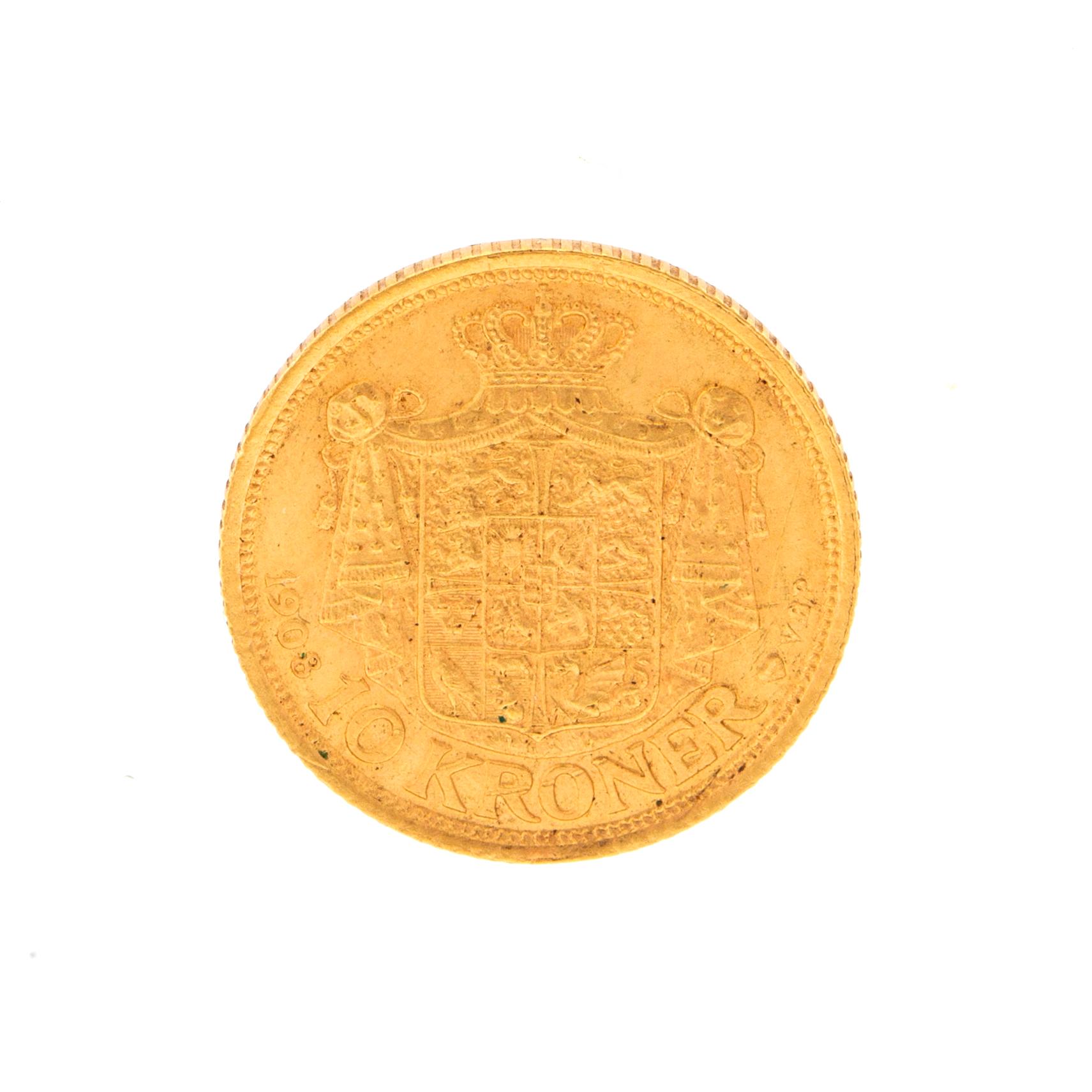 Guldmynt 10kr Frederik VIII, Danmark 1908.