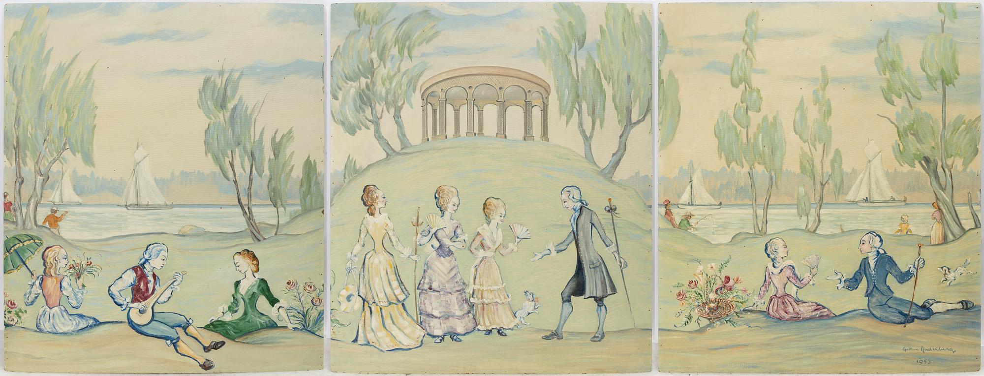 Wall panels, 3 pcs, 20th century, Motif from Hagaparken.