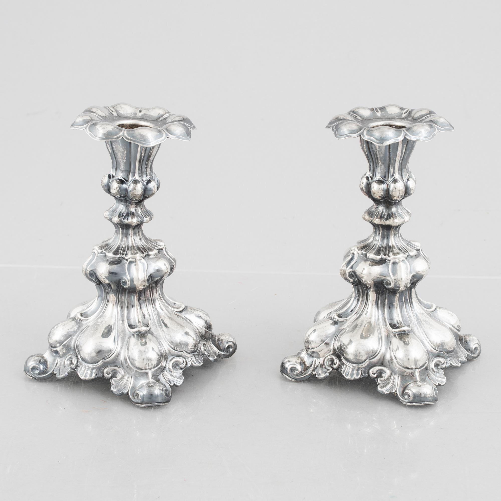 A pair of candelsticks, Baroque style, silver, CG Hallberg Stockholm, 1938.