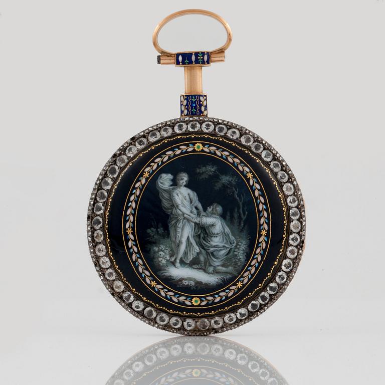 FICKUR, guld, emalj, pärlor samt pastestenar, märkt: "Breguet, Paris", sannolikt 1700-talets slut.