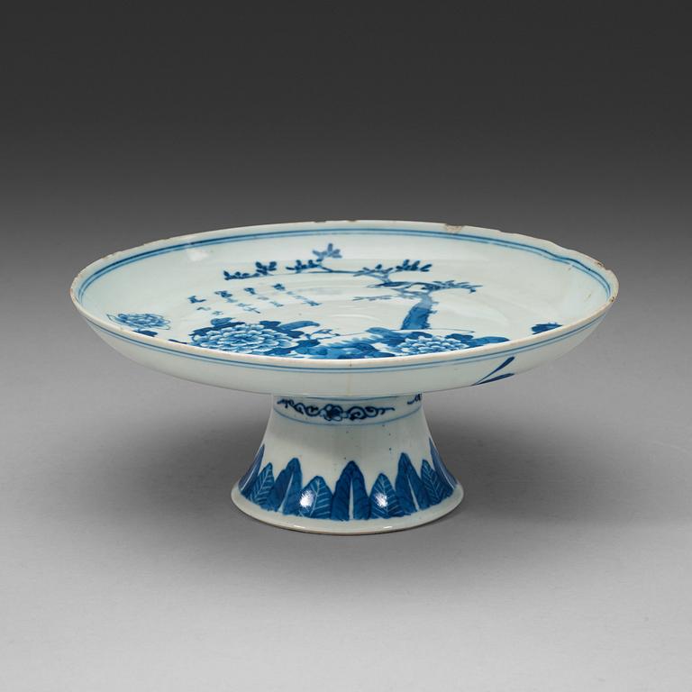 A blue and white dish on a high foot, late Qing dynasty (1644-1912).