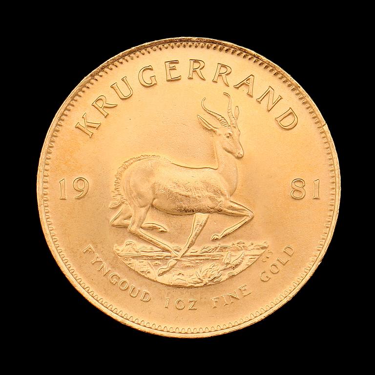 GULDMYNT, finguld, Krugerrand, Sydafrika, 1981. Vikt ca 34 g.