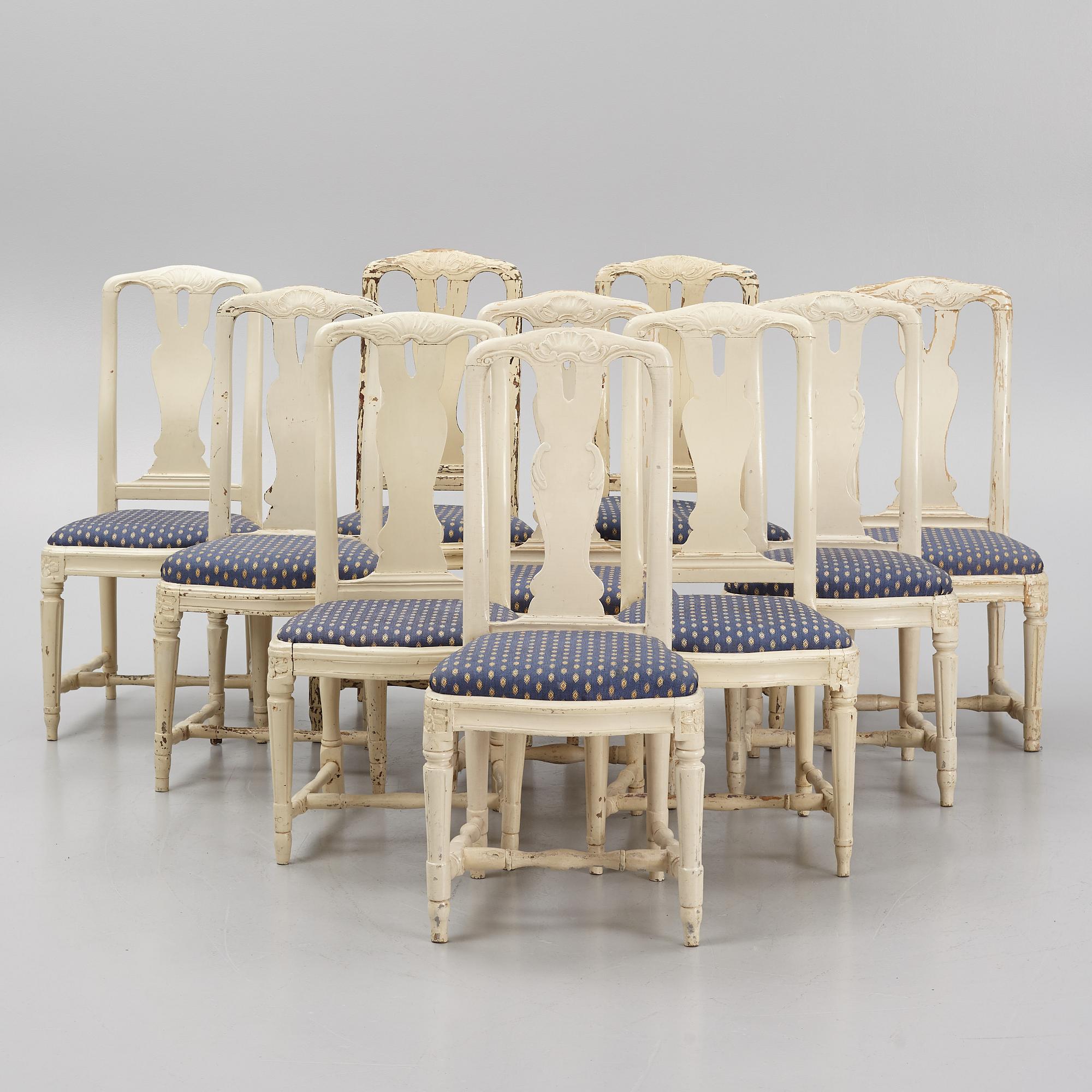 An assembled suite of 10 Transitional chairs, Stockholm, later part of the 18th century.