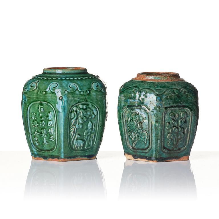 A set of two green glazed Chinese jars, 20th century.