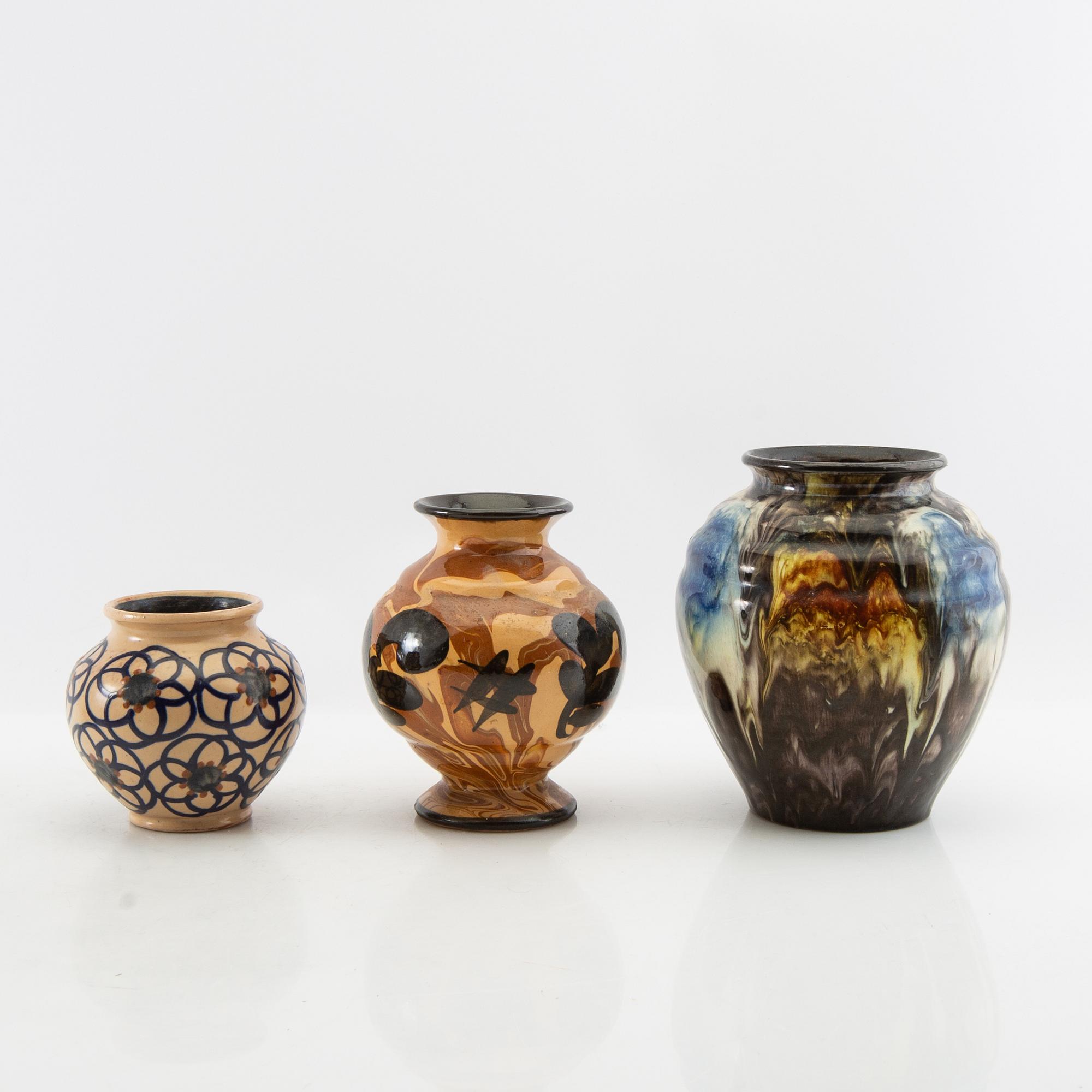 Vases 5 pcs Gabriel Burmeister and Uppsala Ekeby early 20th century glazed stoneware.