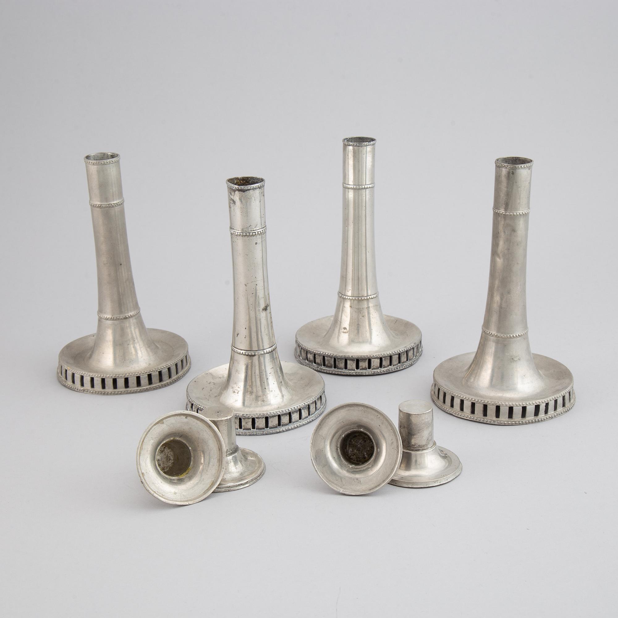 Four Swedish late gustavian pewter candlesticks by Hans Wicksten, Västerås, 1782-1810/14.