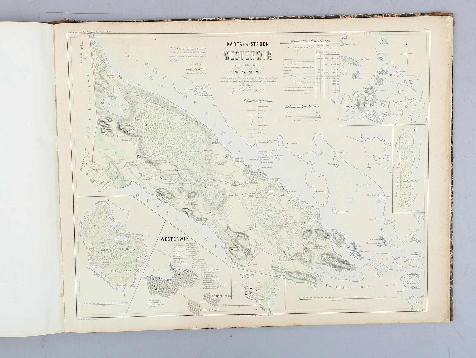 ATLAS, "Atlas öfver Sveriges Städer", Gustaf Ljunggren, (1817-1888), Högbergska Boktryckeriet, Stockholm 1862.