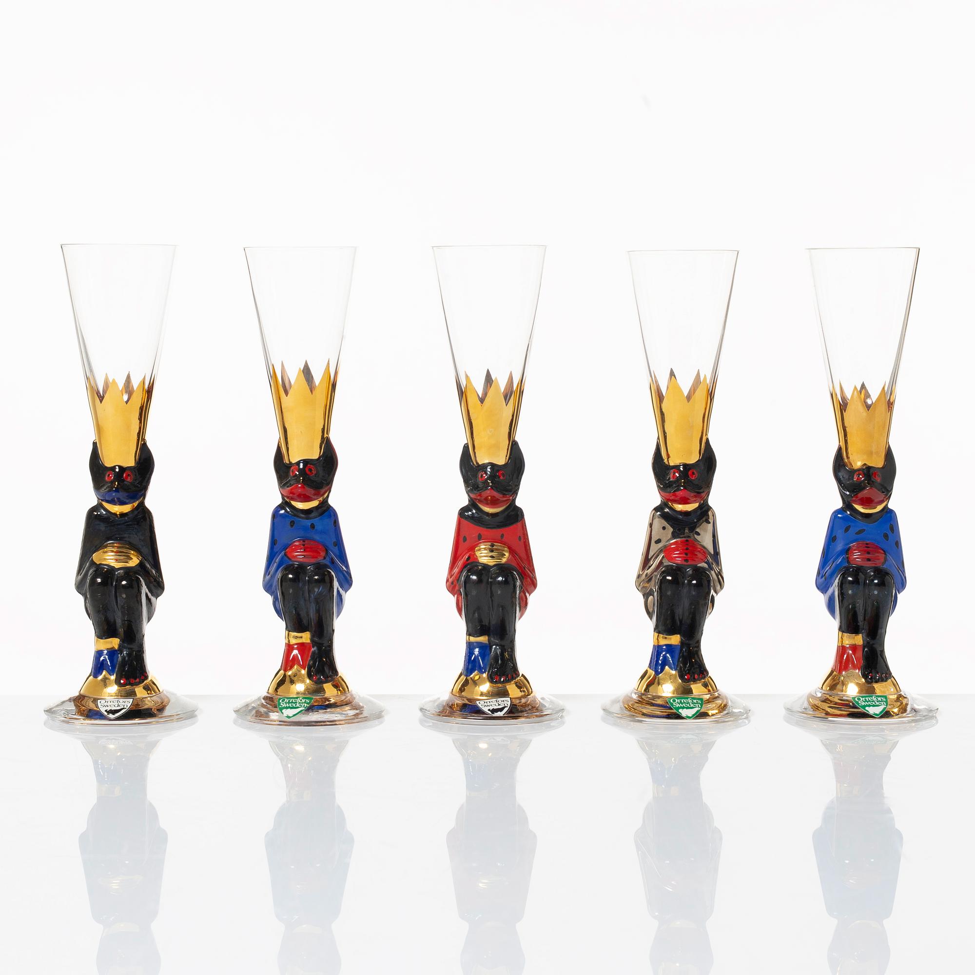 Gunnar Cyrén, snapsglas, 5 st, s.k. "djävulsglas", ur "Nobel" servisen, Orrefors.