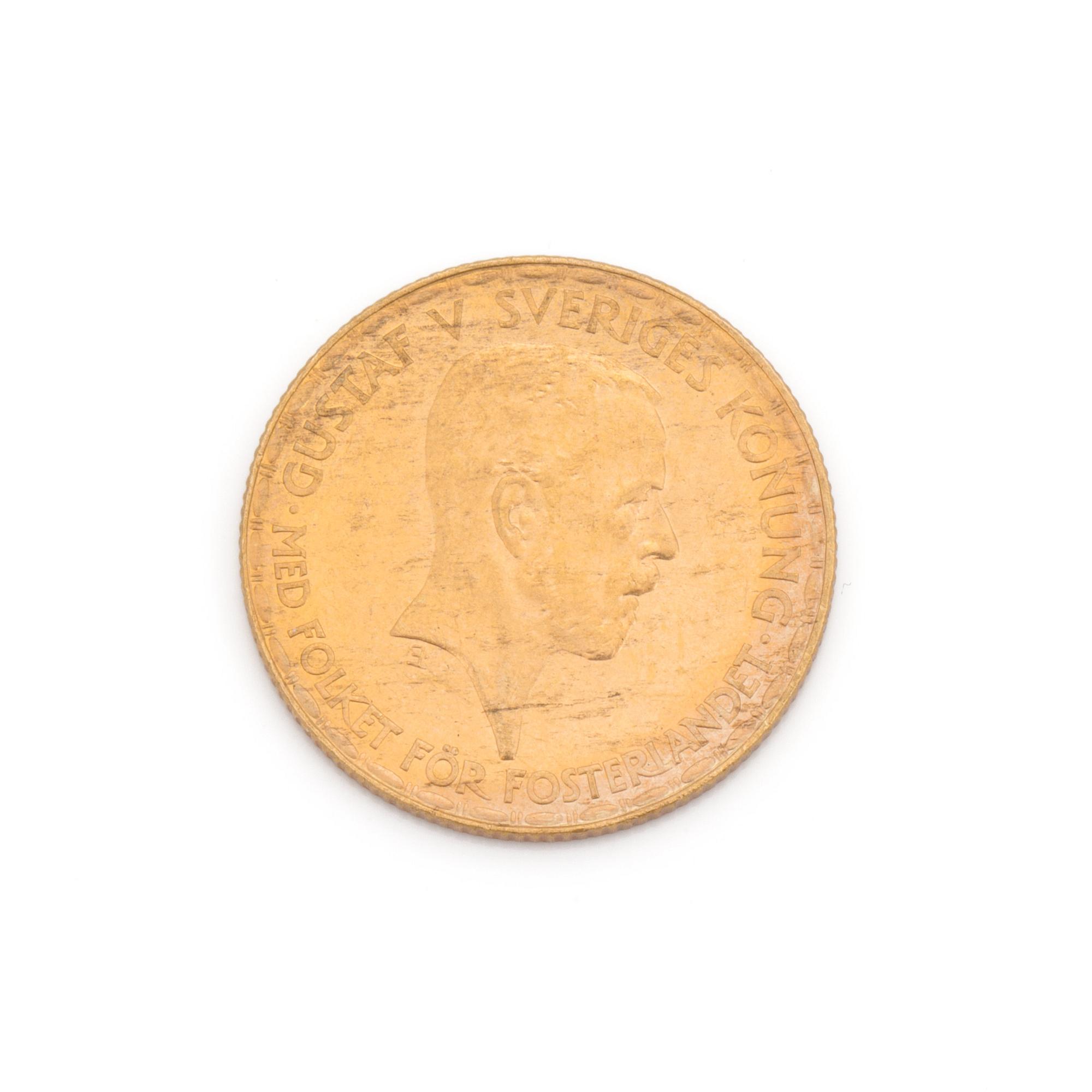 An old swedish coin in gold, 20 kronor, Gustaf V, from 1925. 9 gram.