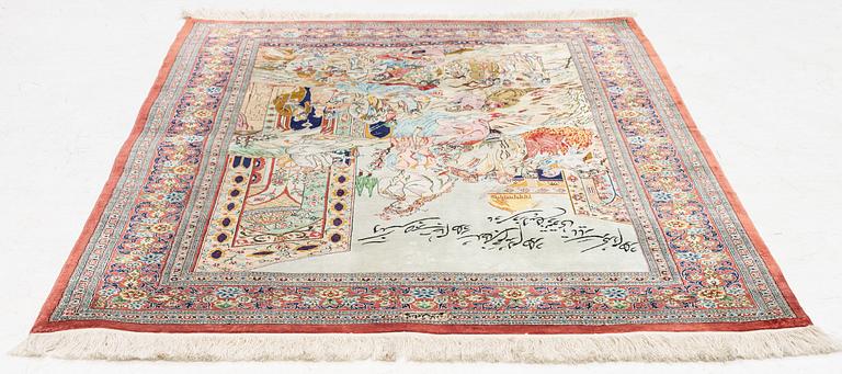 A figural silk Ghom rug, c. 147 x 103 cm.