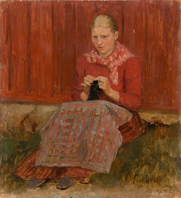 ALBERT EDELFELT, A GIRL KNITTING.