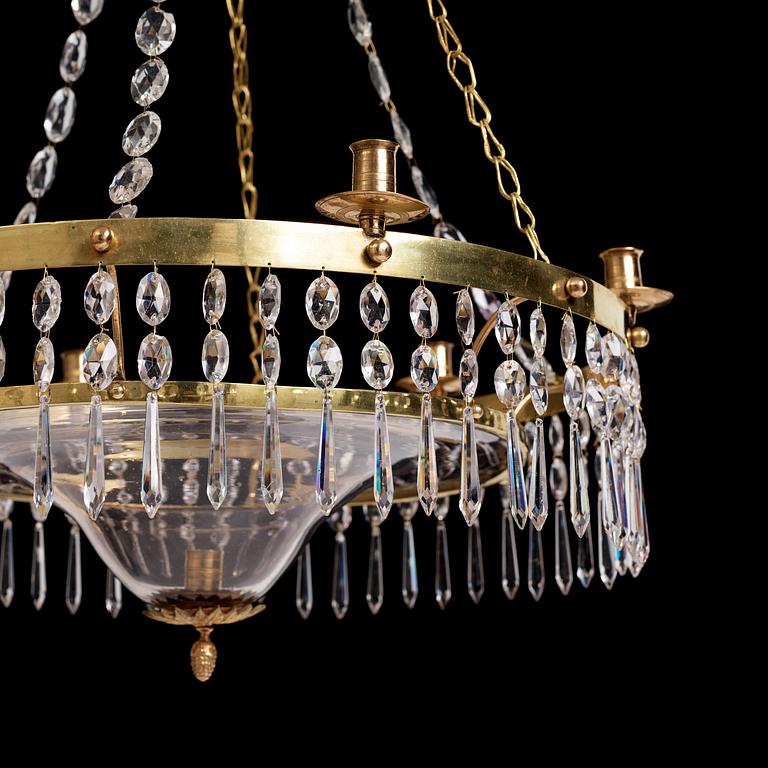 A late Gustavian gilt brass and cut glass seven-light chandelier, late 18th century.