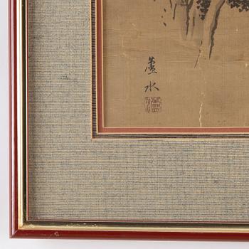 Kakemono/målning, tusch och färg på siden. Japan, signerad Rosui, sent 1800/tidigt 1900-tal.