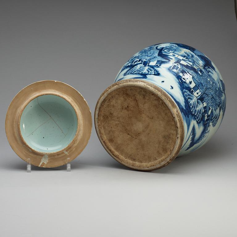 A large blue and white jar with cover, Qing dynasty, Jiaqing (1796-1820).