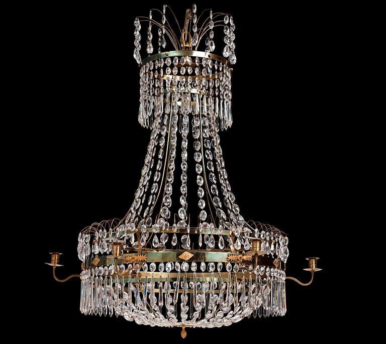 A late Gustavian gilt-brass and cut-glass six-light chandelier, Stockholm, circa 1800.