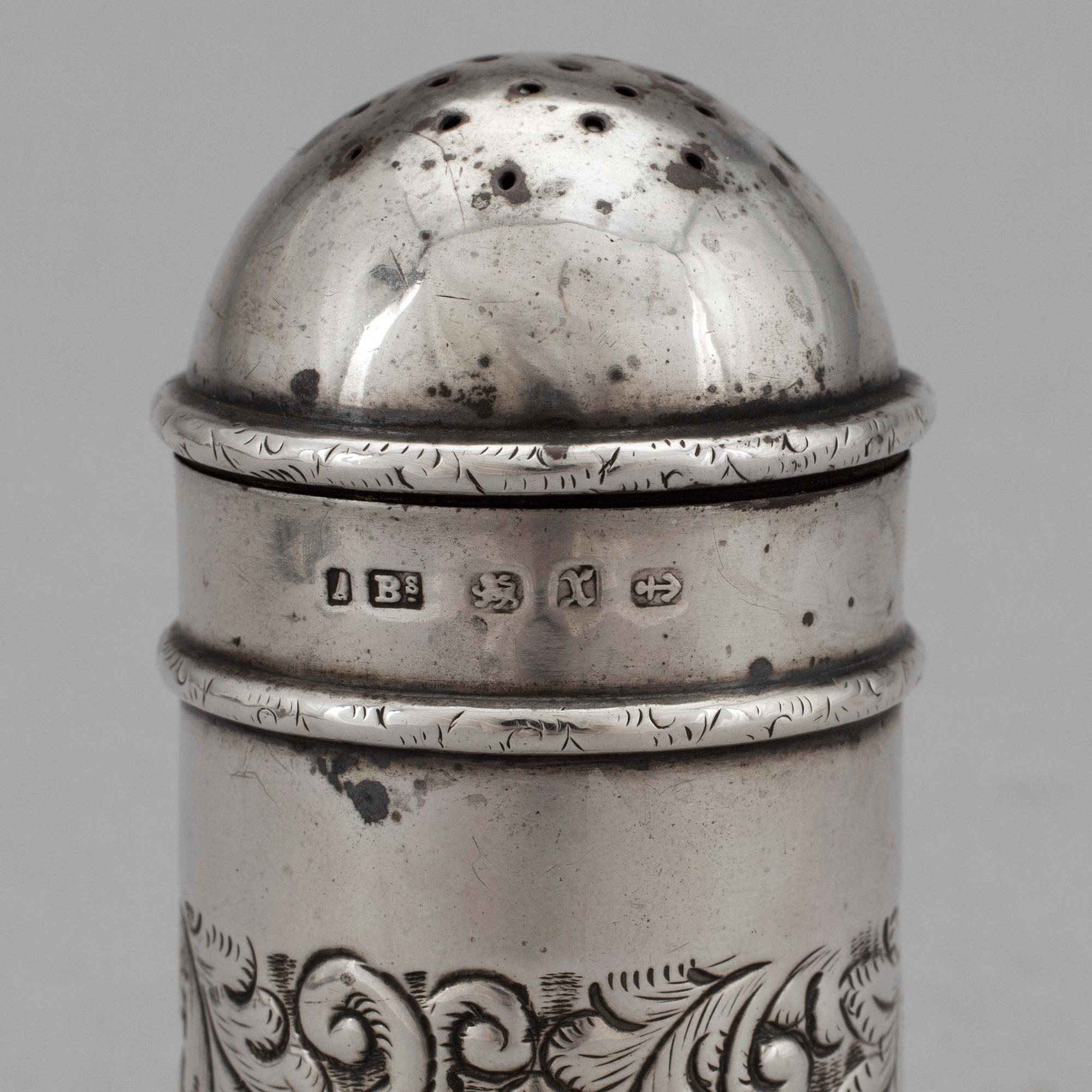A Victorian silver salt shaker marked Birmingham 1897 and a collection of silver (3) and plate (9) flatware.