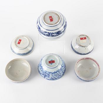 A group of blue and white Chinese porcelain, Qing dynasty, circa 1900.