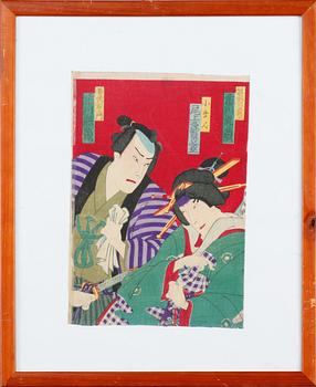 TRÄSNITT, 3 st, bla möjligen Toyohara Chikanobu, Japan, 1800/1900-tal.