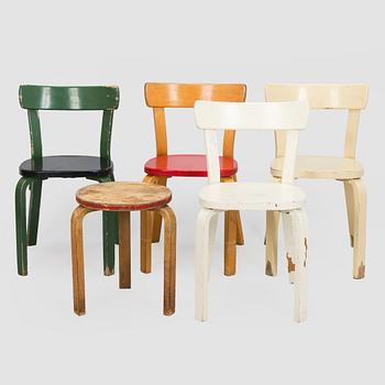 Alvar Aalto, Tuoleja, 4 kpl malli 69 ja jakkara malli 60, O.Y. Huonekalu- ja Rakennustyötehdas A.B. 1900-luvun puoliväli.