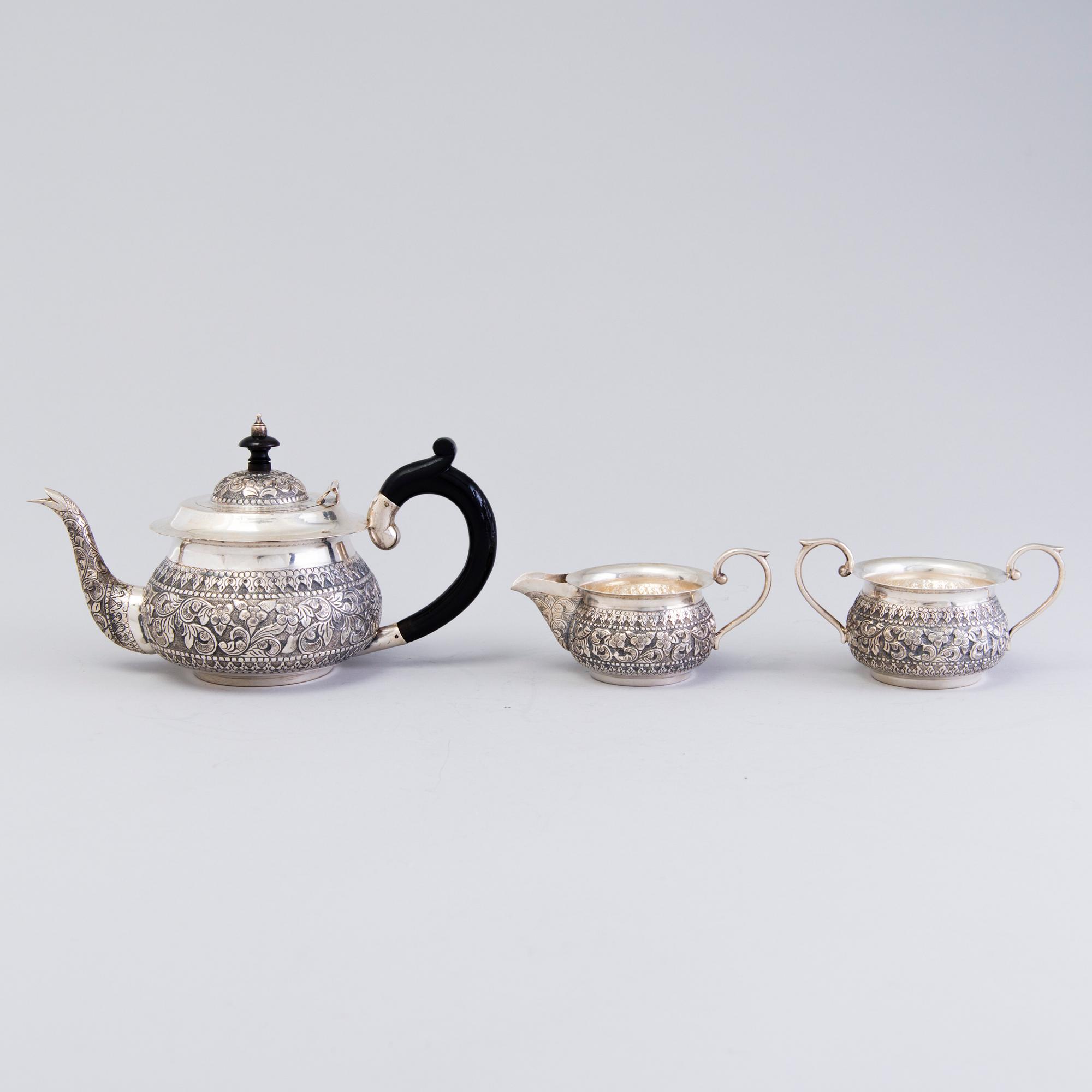 A 3-piece silver tea set, India, 20th Century.