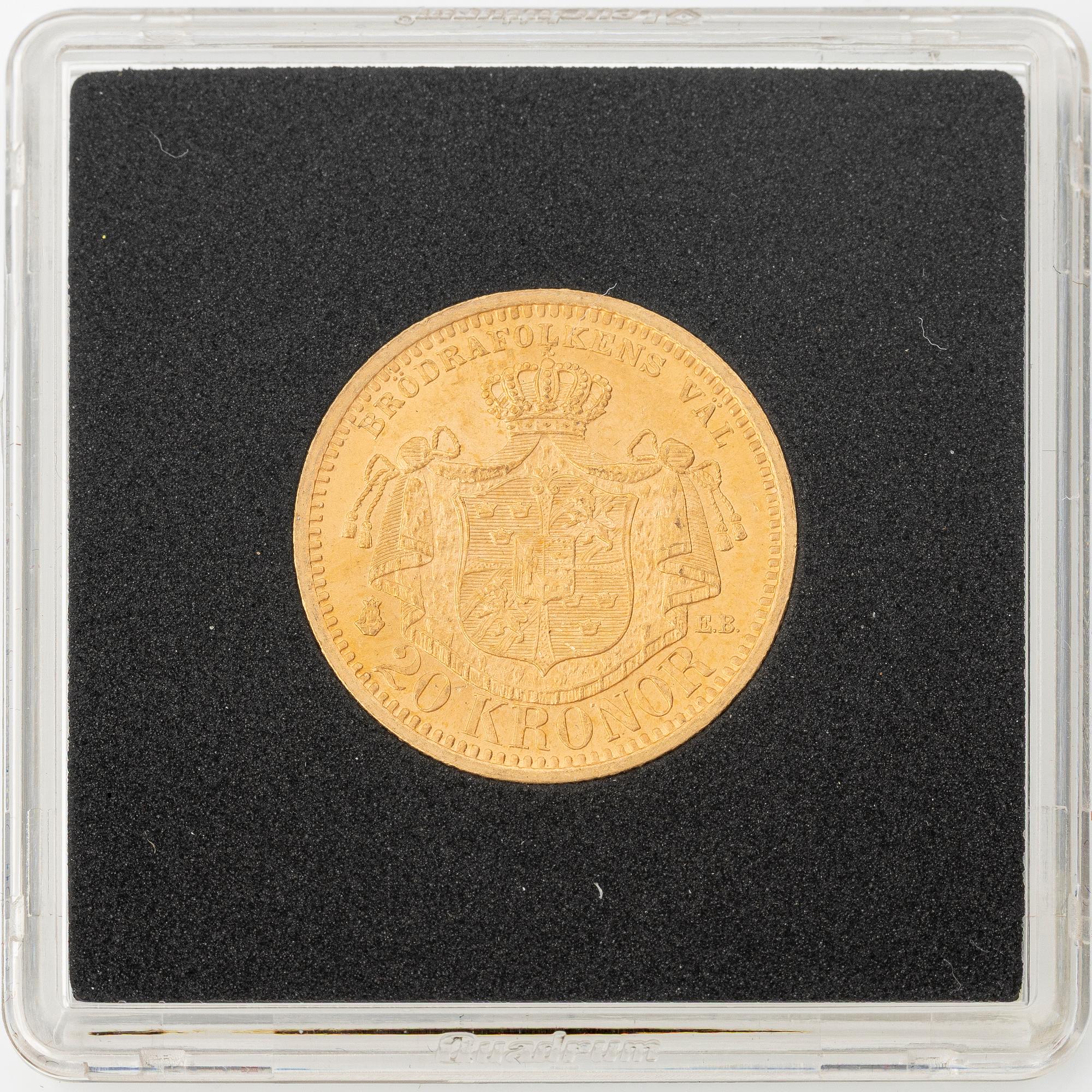 Guldmynt, Oscar II, 20 kronor, typ III, Sverige 1899.