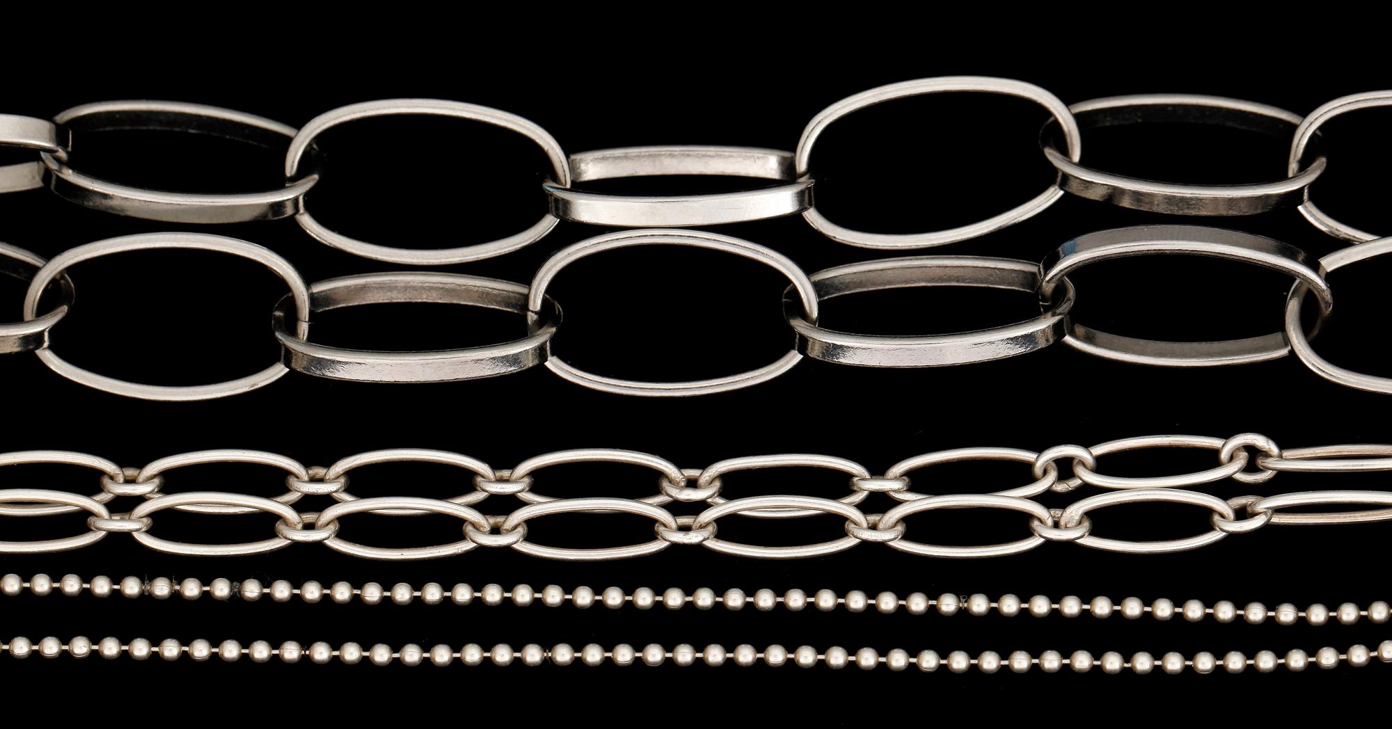 DESIGNERHALSBAND, 3 st, varav 2 st i silver, (tot 38 gram). Bl a Design Efva Attling.
