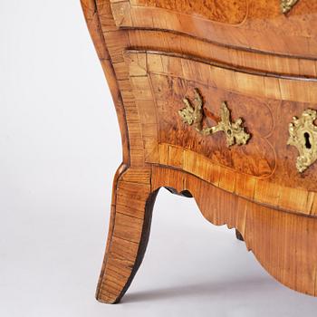 A burr alder parquetry rococo commode, Mälardalen, Sweden, later part 18th century.