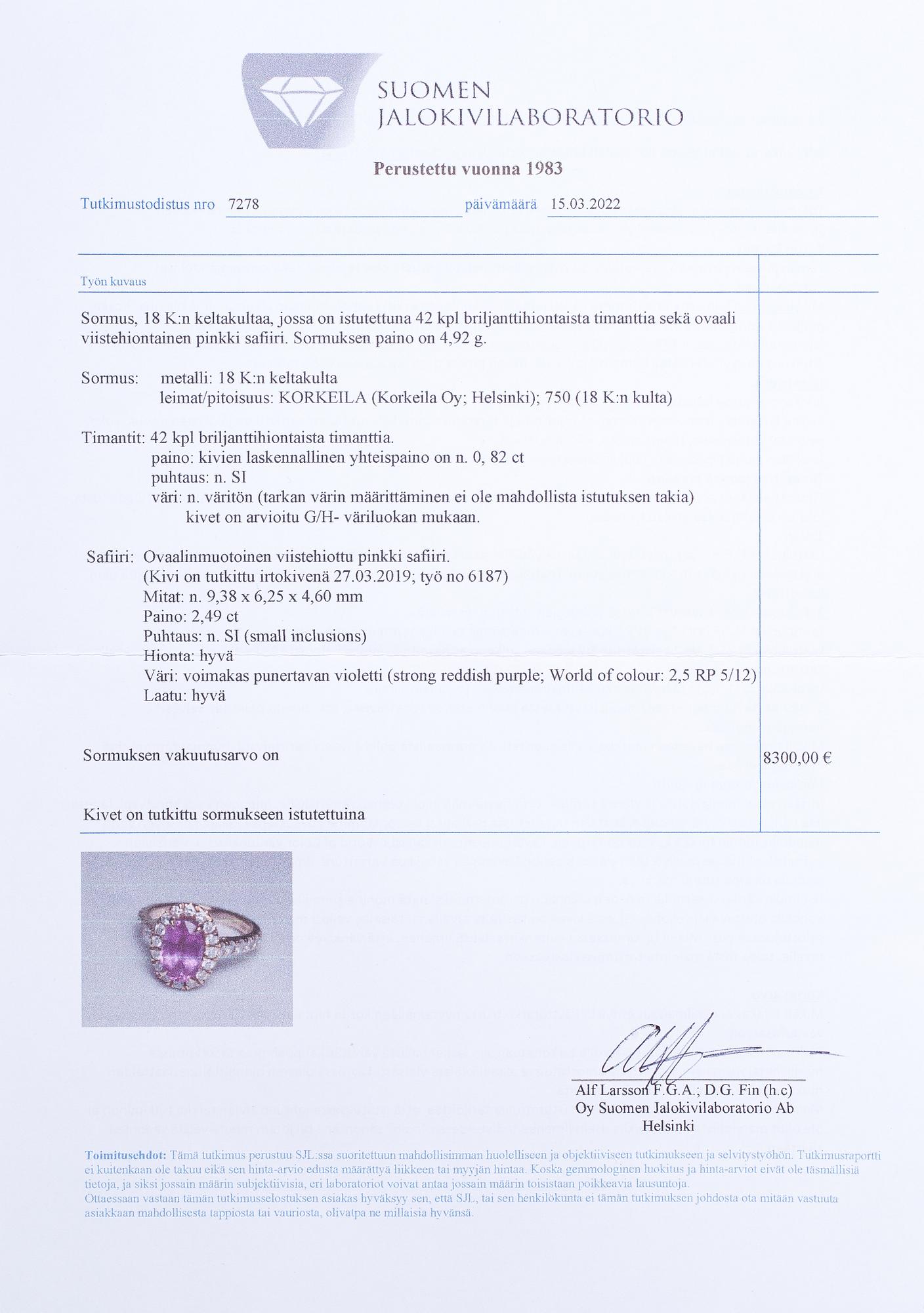 Sormus, 18K rosékultaa, pinkki safiiri n. 2.49 ct ja timantteja n. 0.82 ct yht. Korkelia, Helsinki.