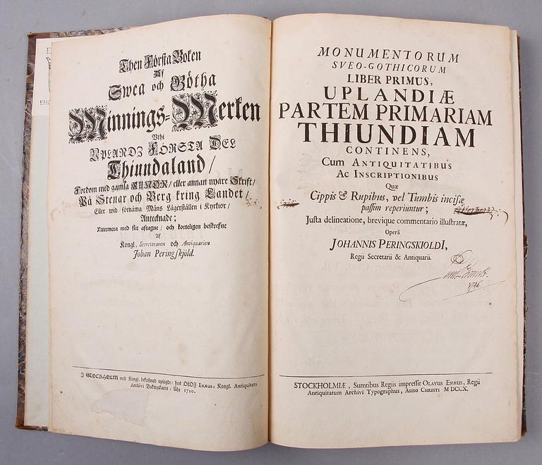 BOK, "Then första boken af Swea och Göta Minnings merken uthi Uplandz..." av Johan Peringskjöld, Stockholm 1710.