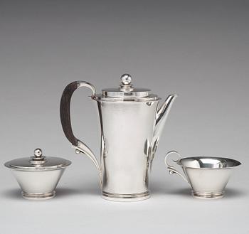 Harald Nielsen, a "Pyramid" sterling three pieces coffee service, Georg Jensen, Copenhagen 1933-44, designnr 600A,
