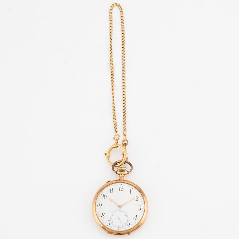 IWC, pocket watch 14K gold, chain in 18k gold, 49 mm.