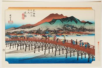 ANDO HIROSHIGE, senare avdrag, mapp, "The fifty-three stations on the tokaido", utgiven av Kata Hanga Kenkyujo.