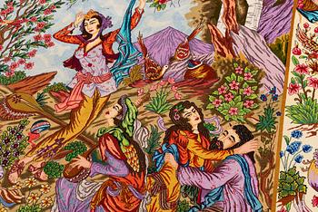A old Tabriz carpet, part silk, figural, c. 200 x 295 cm.
