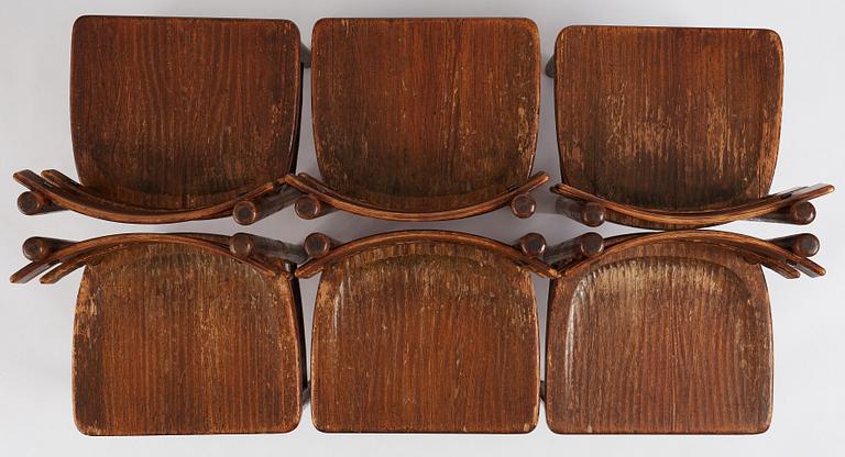 Axel Einar Hjorth, a set of 6 'Sandhamn' carved and stained pine dining chairs, Nordiska Kompaniet, Sweden 1931.